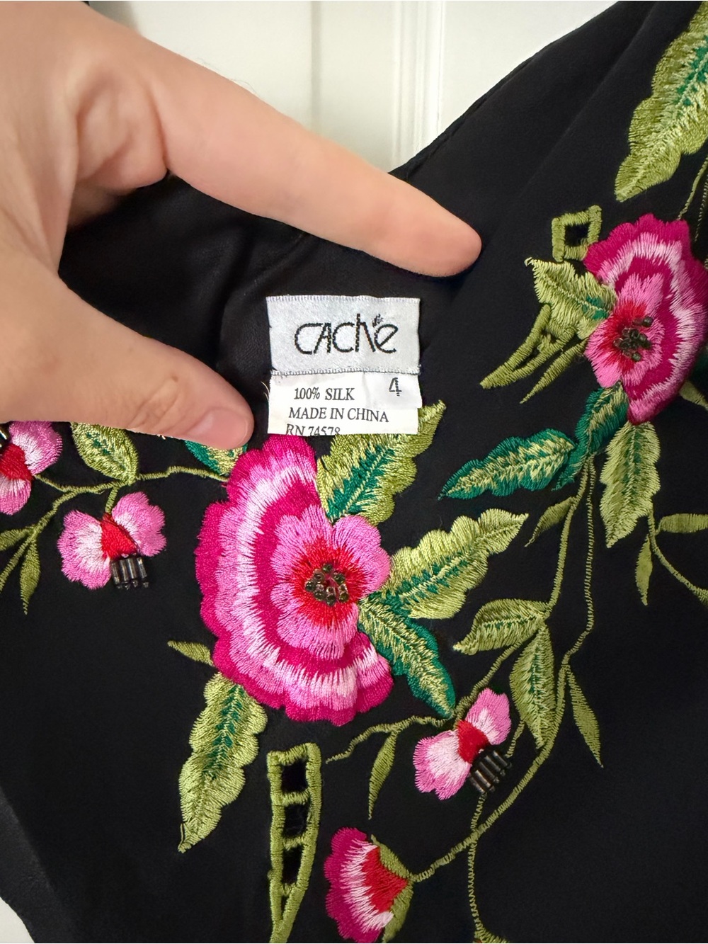 Cache Black Maxi Dress with Pink & Green Floral Embroidery (similar to Sue Wong) - Picture 6 of 6